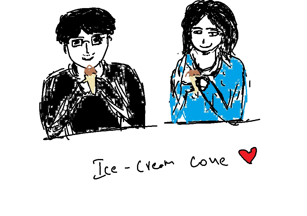 Hand-drawn doodle: us sharing ice cream cones
