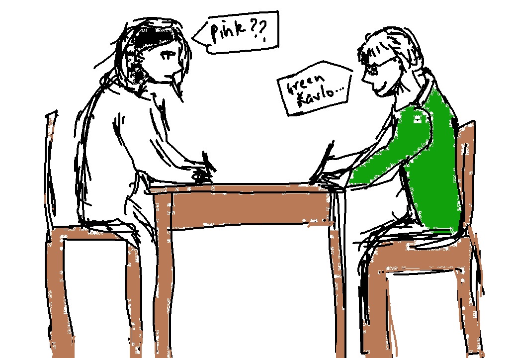 Hand-drawn doodle: us sitting at a café debating