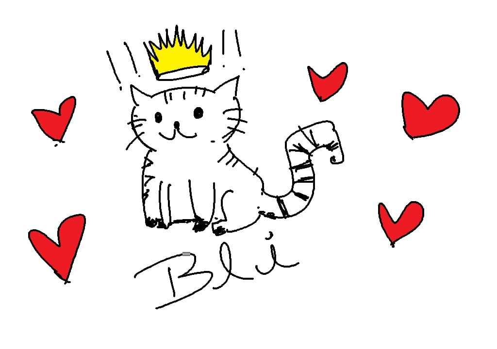 Hand-drawn doodle: Bli the crowned cat surrounded by hearts